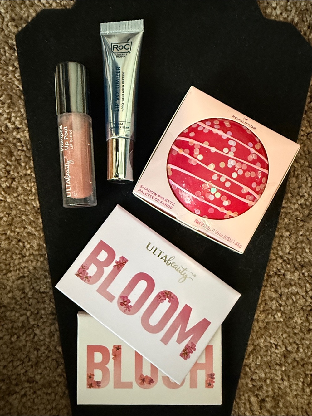 Ulta Beauty Bloom Blush Shadow Palettes, Shimmer Lip Gloss in Peach-ROC Lip Plp